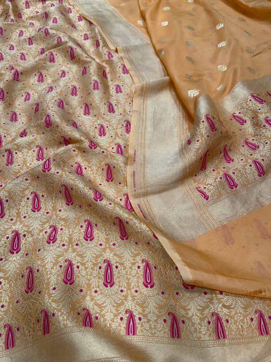 Handwoven Peach Brocade Crepe Banarasi Suit Set