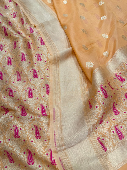 Handwoven Peach Brocade Crepe Banarasi Suit Set