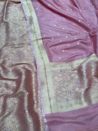 Handwoven Pink Crepe Brocade Banarasi Suit Set