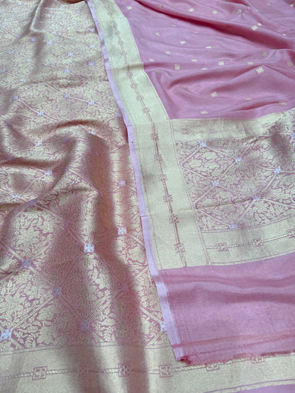 Handwoven Pink Crepe Brocade Banarasi Suit Set