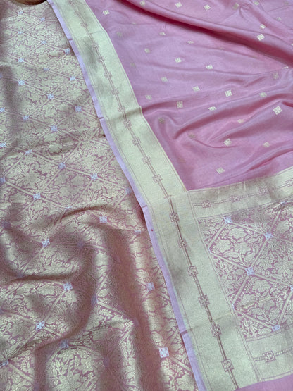 Handwoven Pink Crepe Brocade Banarasi Suit Set
