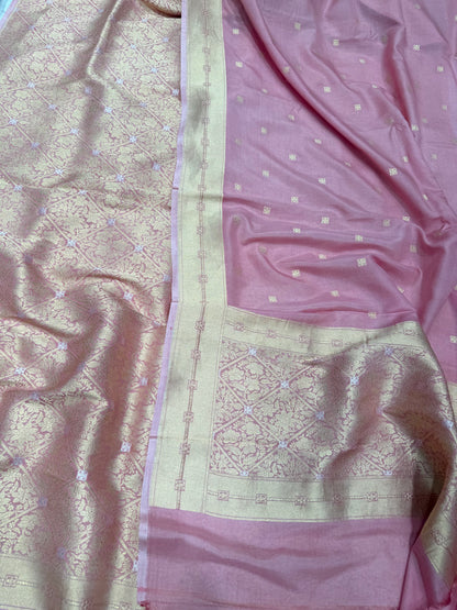 Handwoven Pink Crepe Brocade Banarasi Suit Set