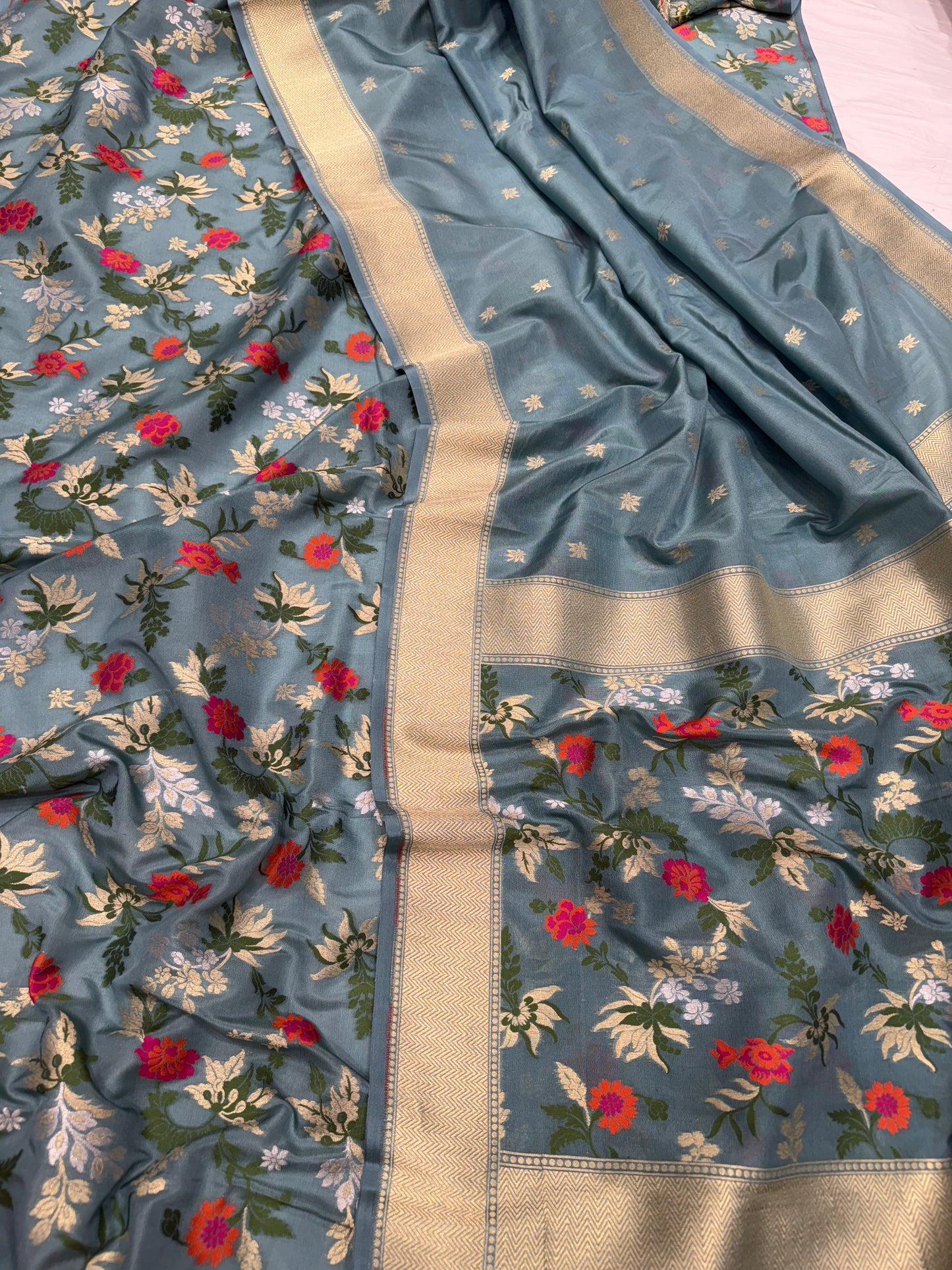 Handwoven Dusty Blue Crepe Floral Meenakari Banarasi Suit Set