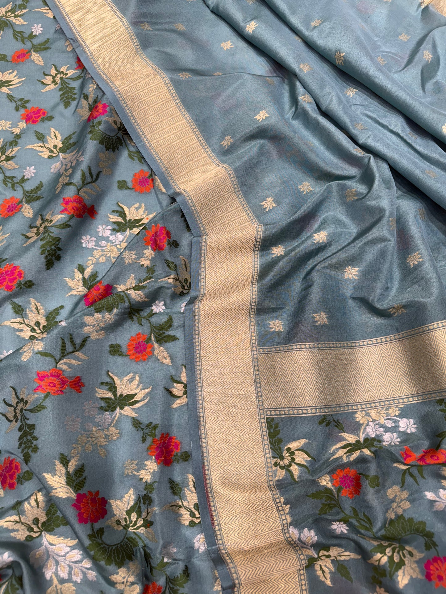 Handwoven Dusty Blue Crepe Floral Meenakari Banarasi Suit Set