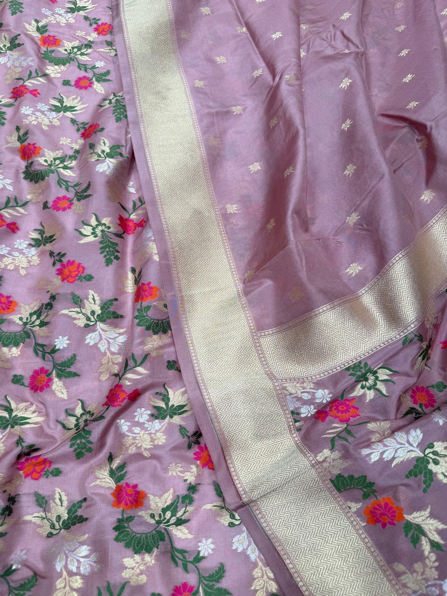 Handwoven Onion Pink Crepe Unstitched Floral Meenakari Suit Set