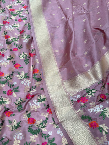 Handwoven Onion Pink Crepe Unstitched Floral Meenakari Suit Set