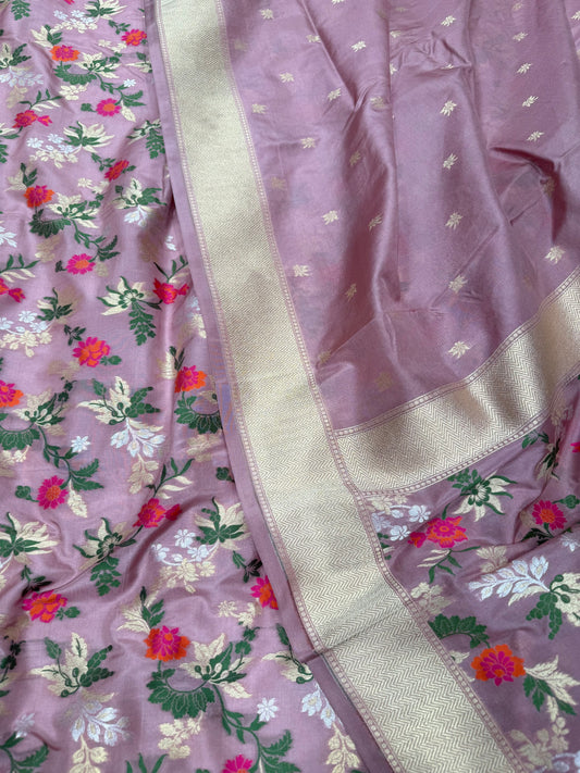 Handwoven Onion Pink Crepe Unstitched Floral Meenakari Suit Set