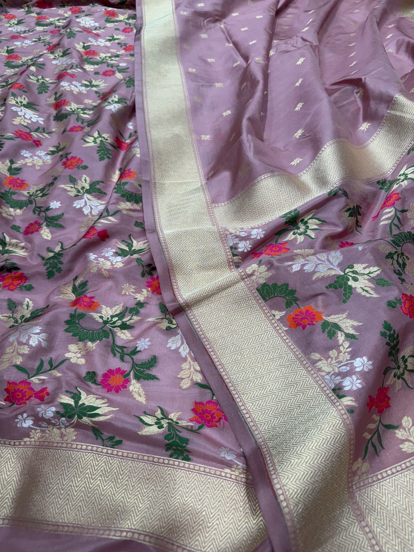 Handwoven Onion Pink Crepe Unstitched Floral Meenakari Suit Set
