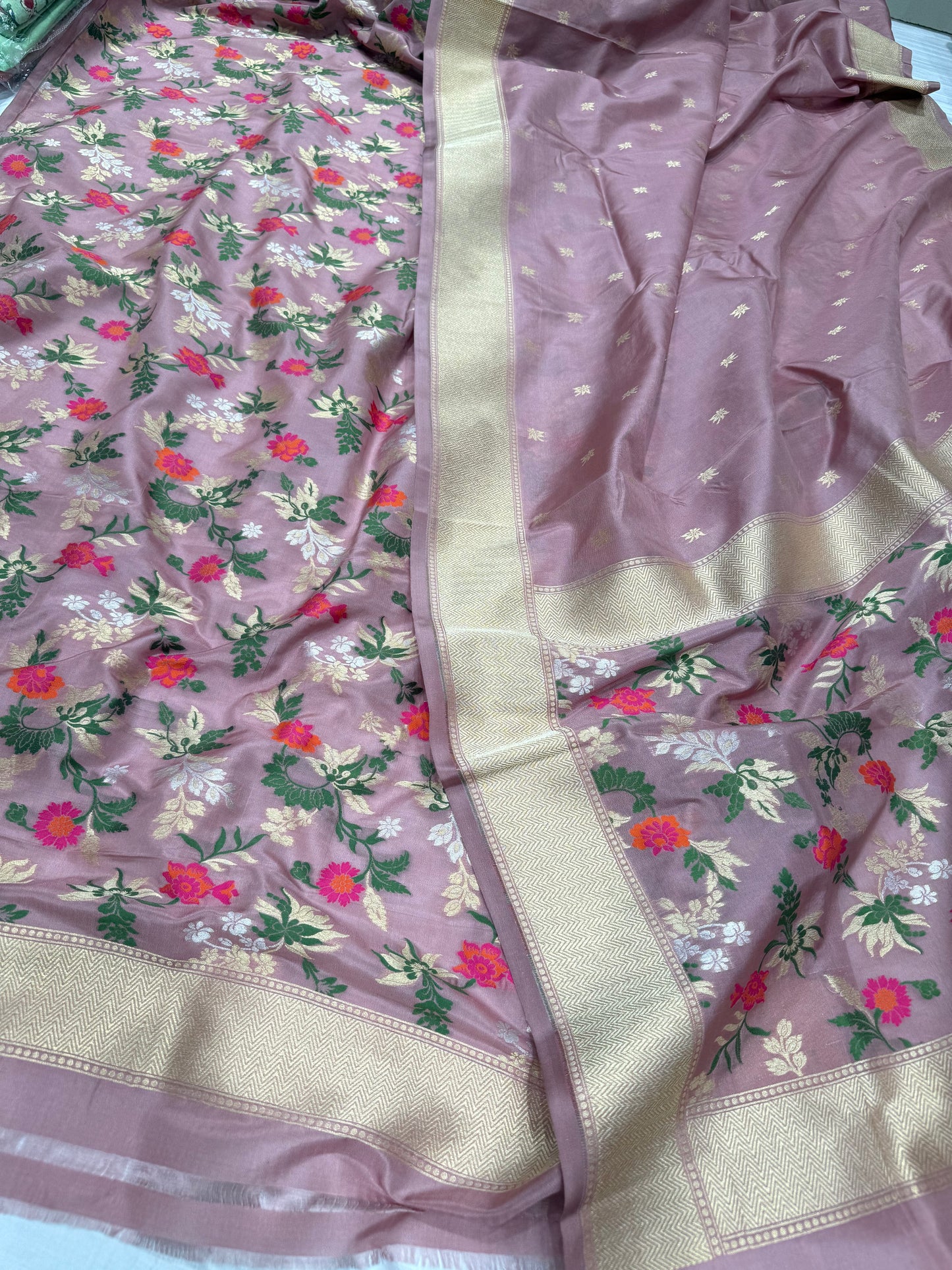 Handwoven Onion Pink Crepe Unstitched Floral Meenakari Suit Set