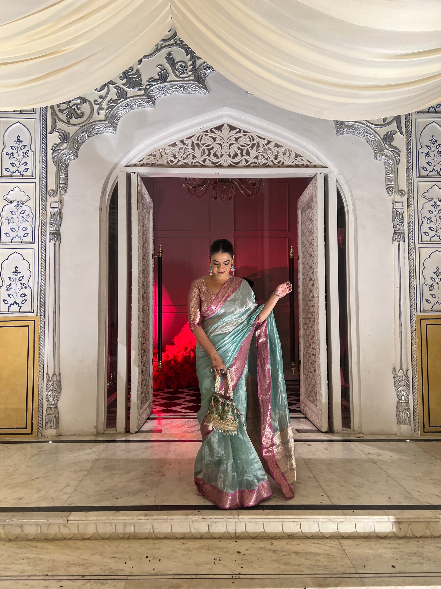 Handwoven Firozi Tissue Saree With Pink Silk Scallop Borders