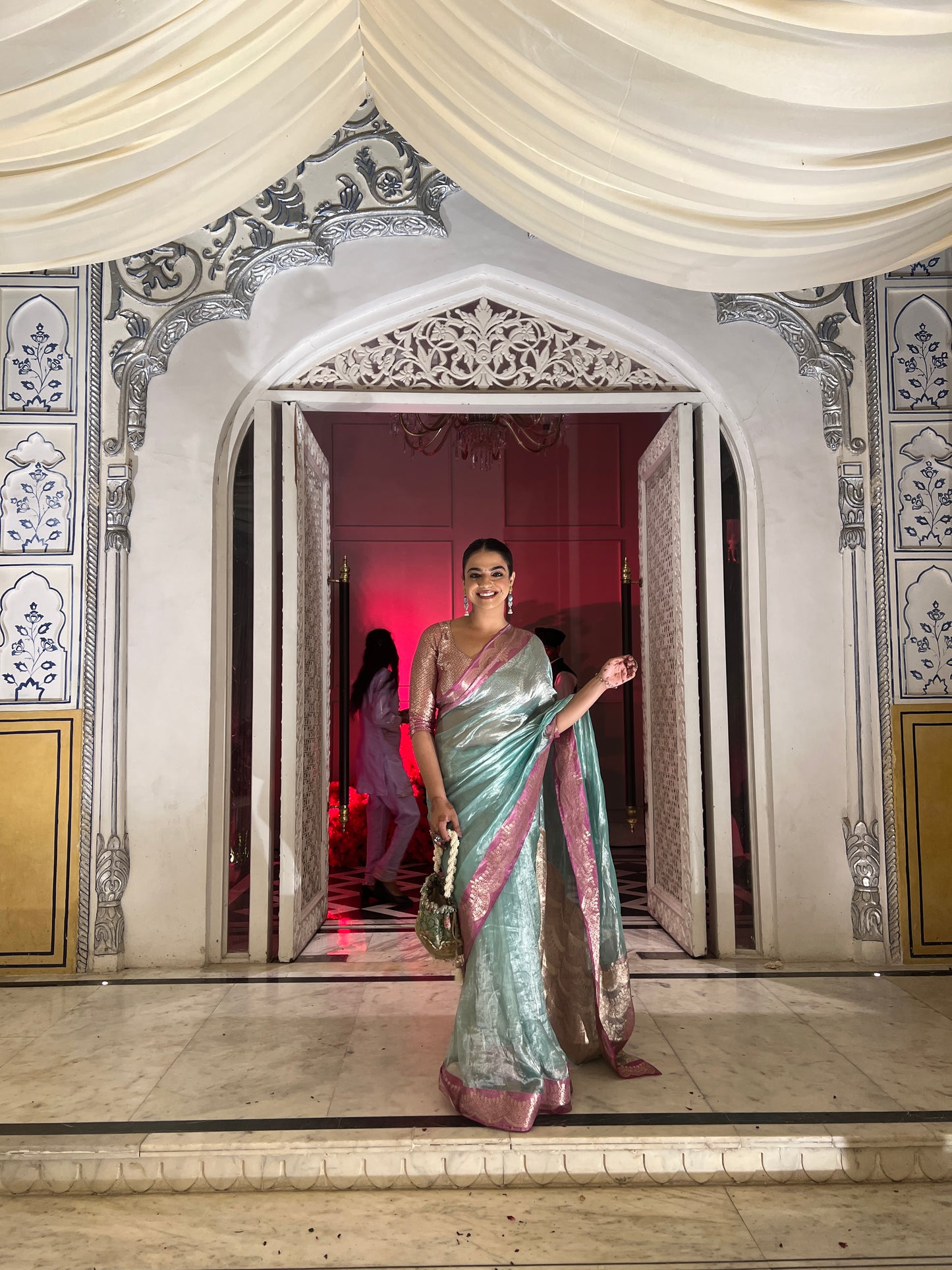 Handwoven Firozi Tissue Saree With Pink Silk Scallop Borders