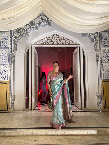 Handwoven Firozi Tissue Saree With Pink Silk Scallop Borders