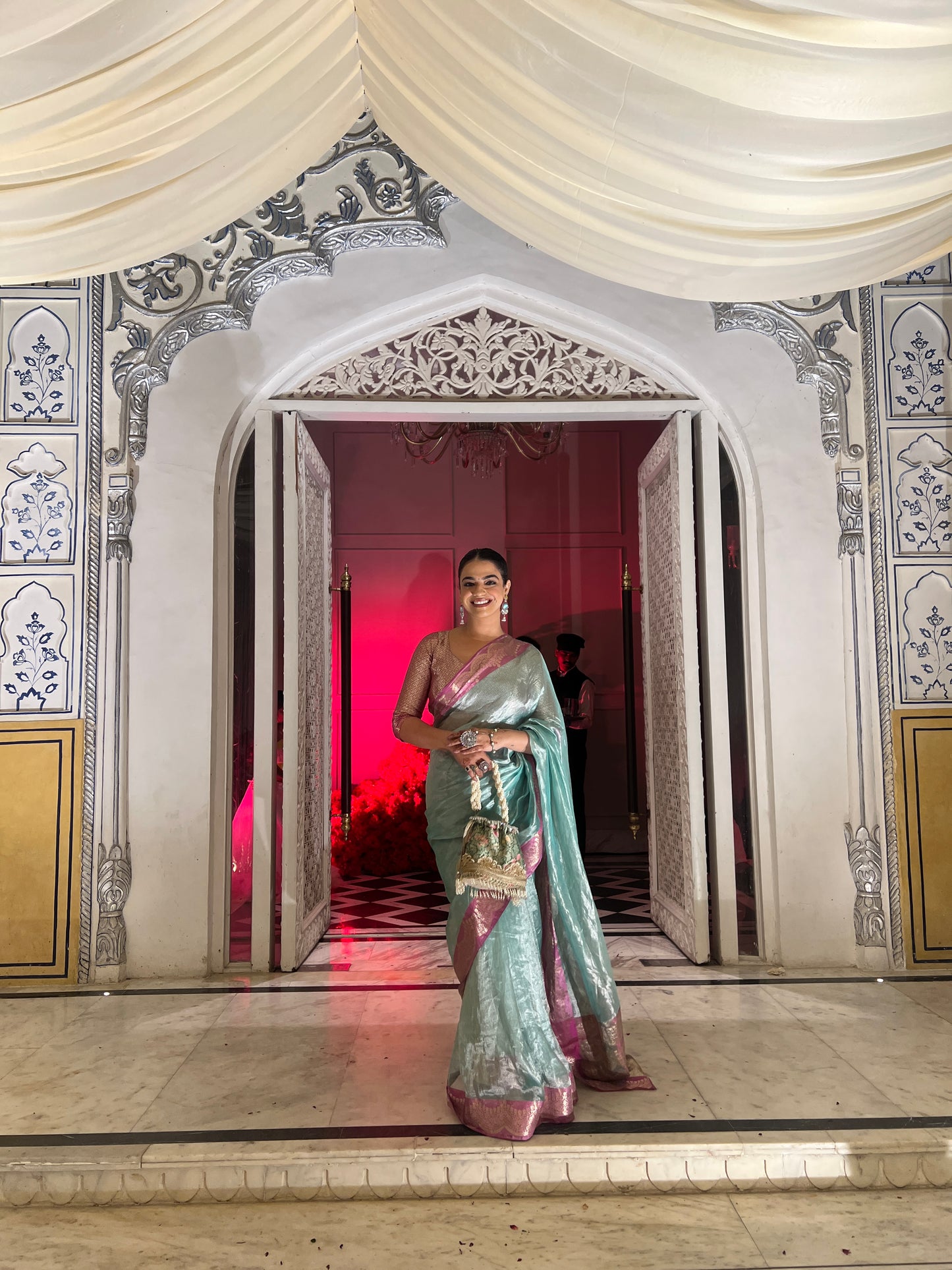 Handwoven Firozi Tissue Saree With Pink Silk Scallop Borders