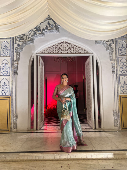 Handwoven Firozi Tissue Saree With Pink Silk Scallop Borders