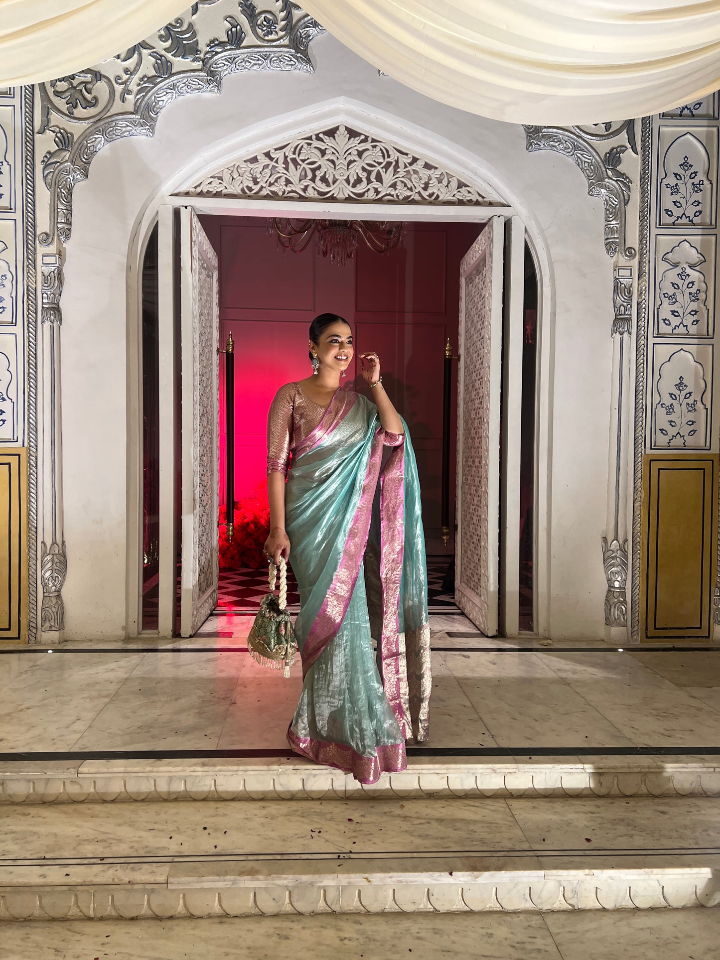 Handwoven Firozi Tissue Saree With Pink Silk Scallop Borders
