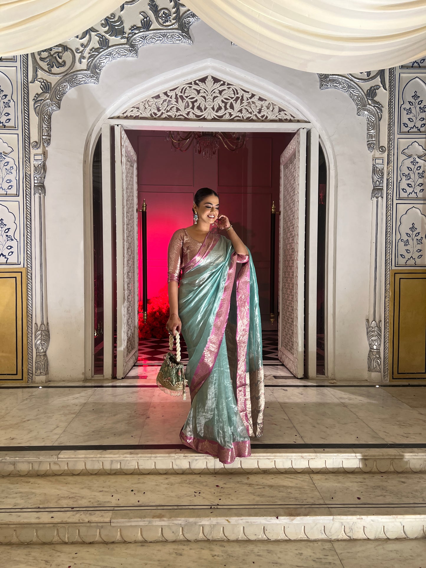 Handwoven Firozi Tissue Saree With Pink Silk Scallop Borders