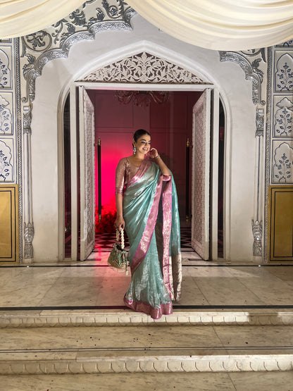 Handwoven Firozi Tissue Saree With Pink Silk Scallop Borders