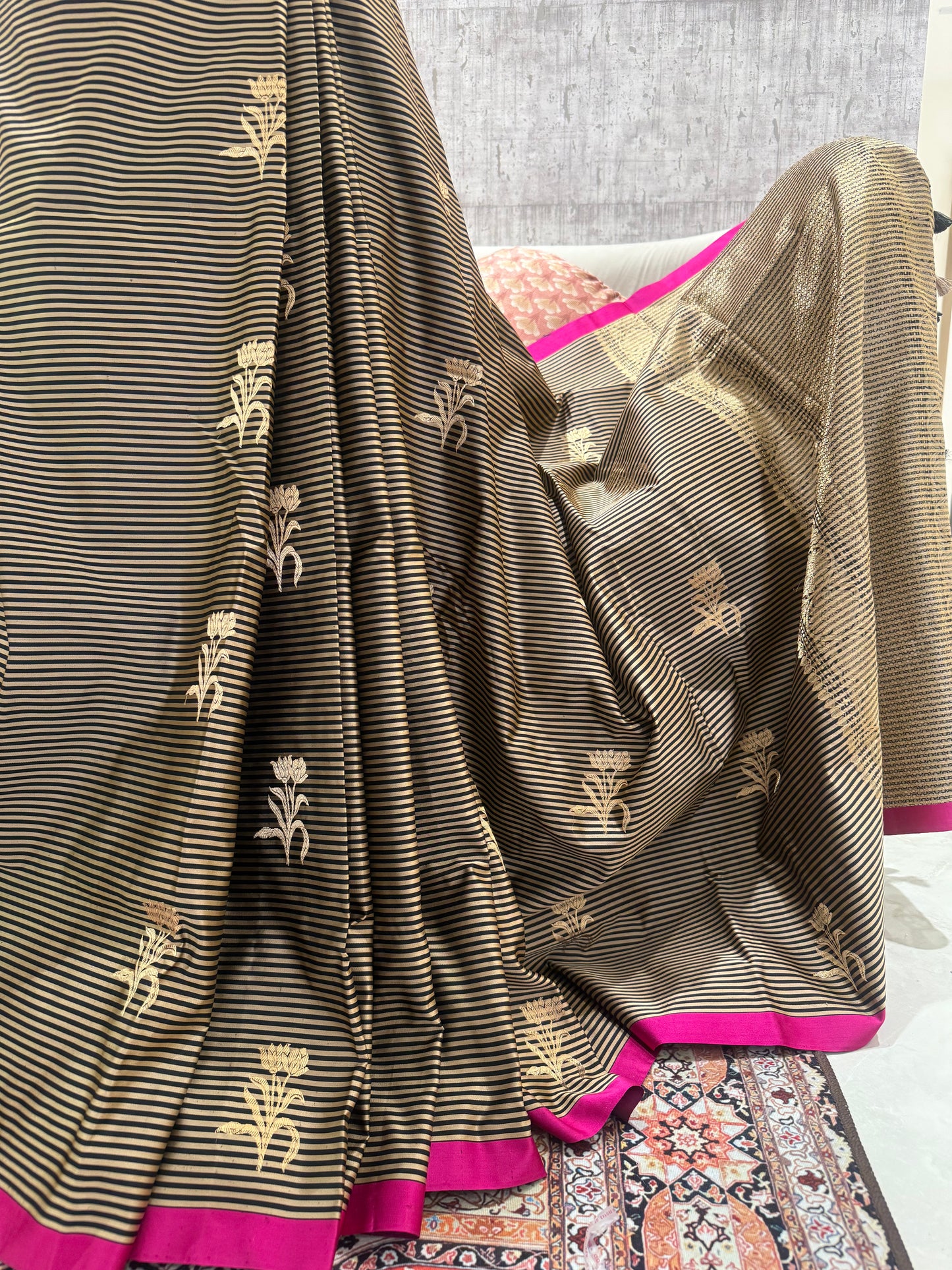 Handwoven Satin Silk Striped Kadhwa Banarasi Saree