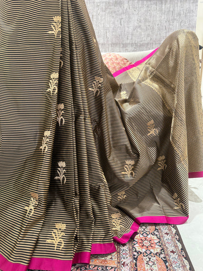 Handwoven Satin Silk Striped Kadhwa Banarasi Saree