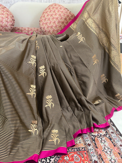 Handwoven Satin Silk Striped Kadhwa Banarasi Saree