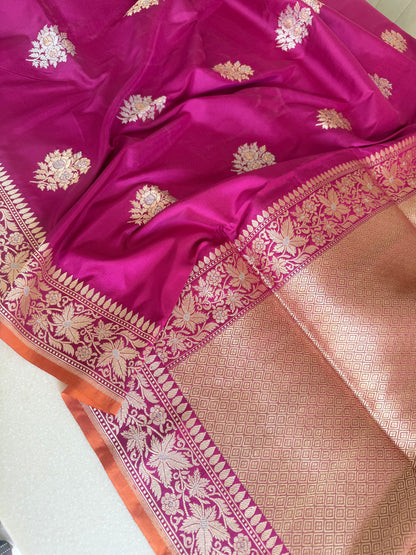 Handwoven Katan Silk Pink Kadhwa Buta saree