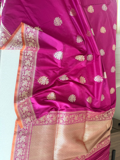 Handwoven Katan Silk Pink Kadhwa Buta saree
