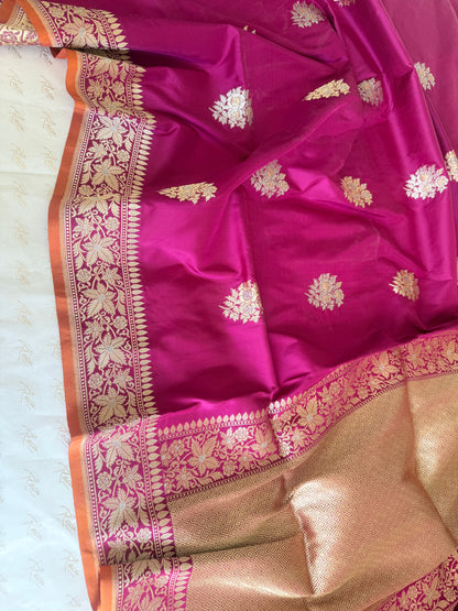 Handwoven Katan Silk Pink Kadhwa Buta saree