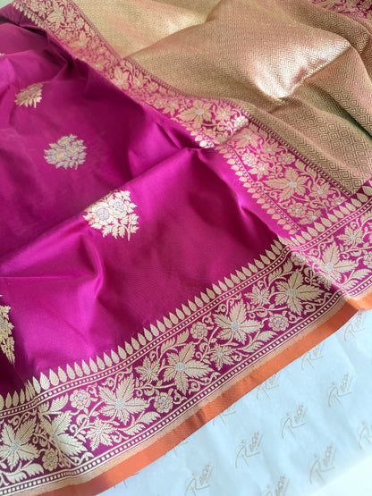 Handwoven Katan Silk Pink Kadhwa Buta saree
