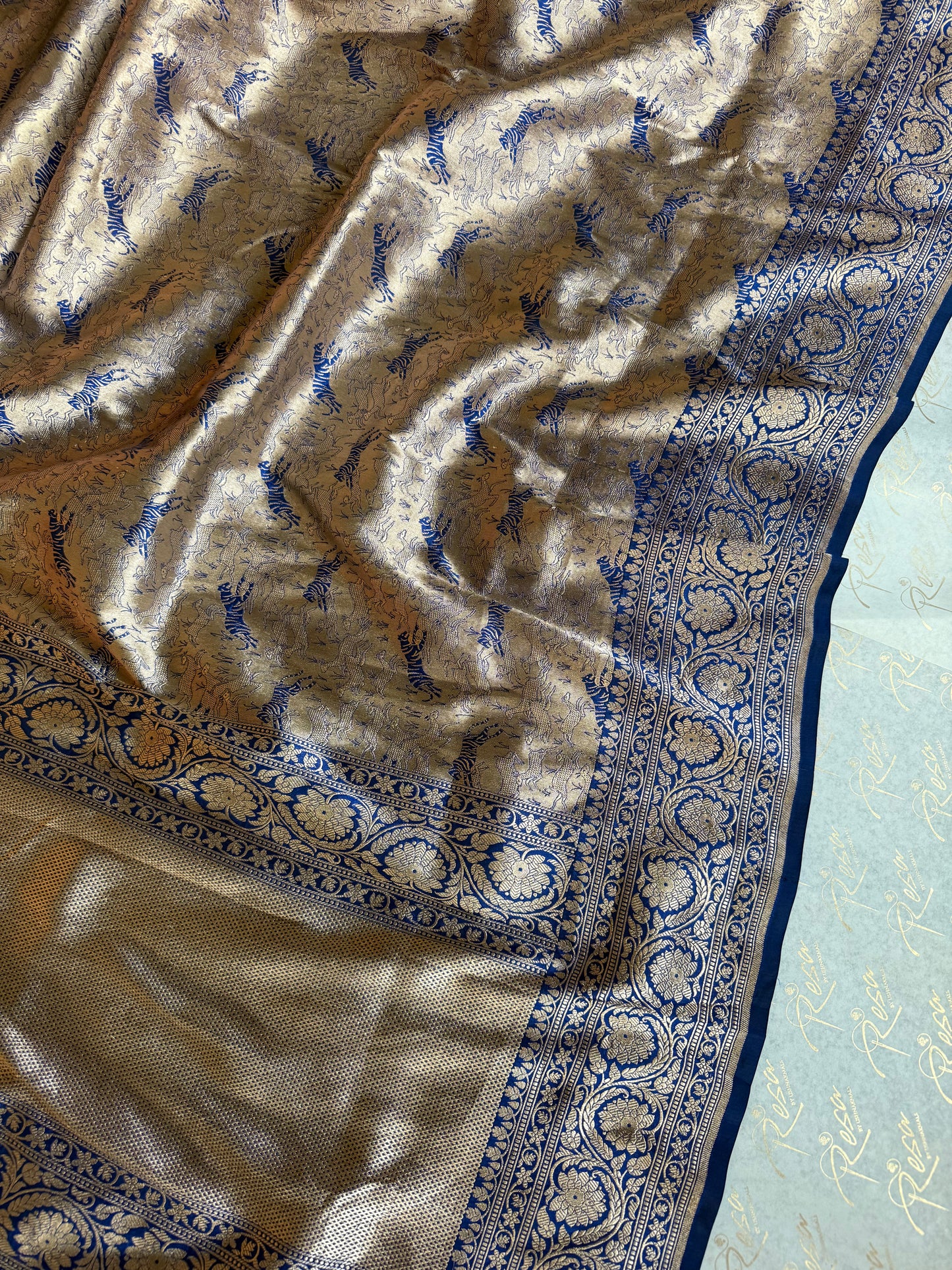 Handwoven Blue Brocade Shikargah Banarasi Saree