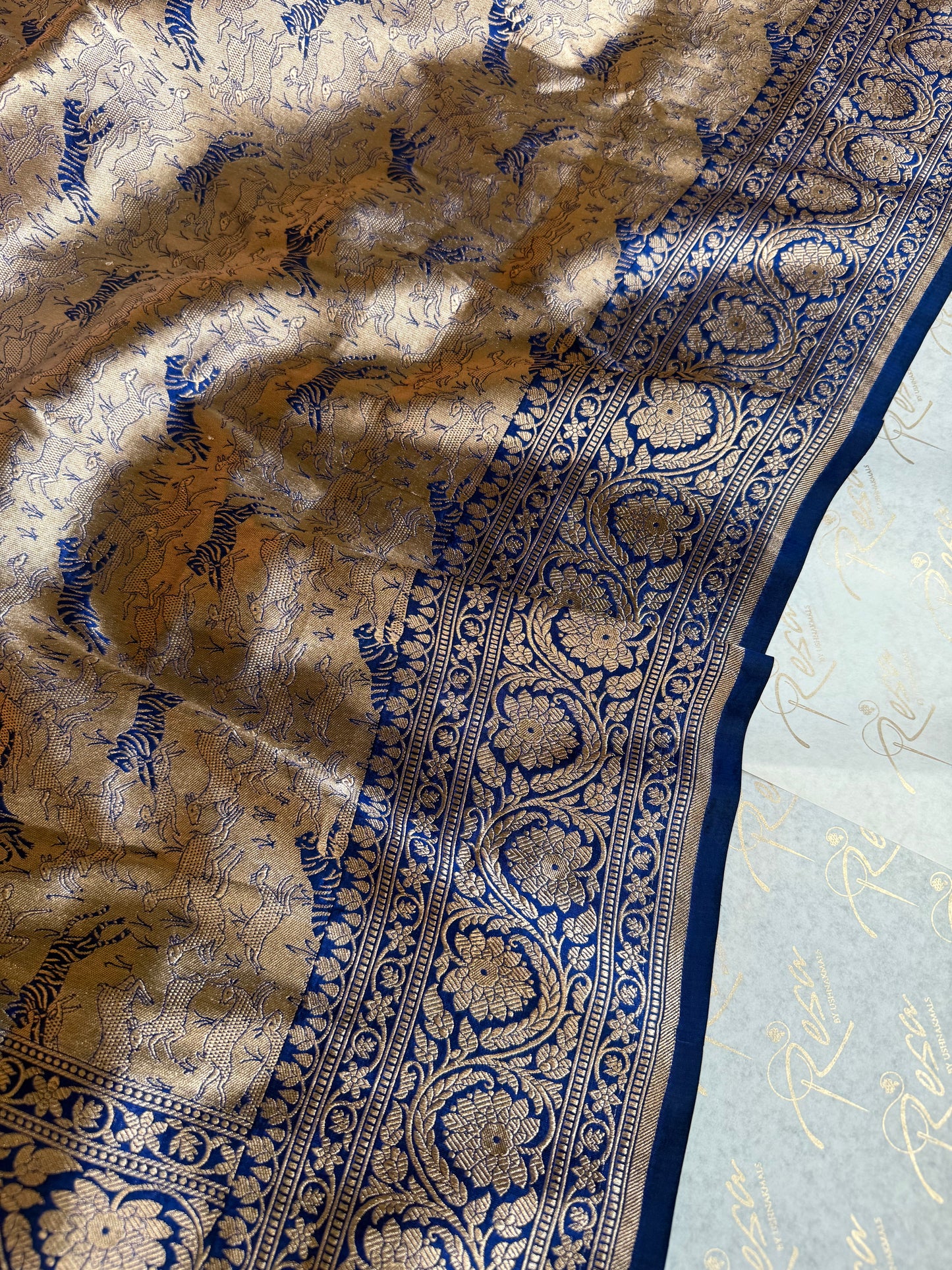 Handwoven Blue Brocade Shikargah Banarasi Saree