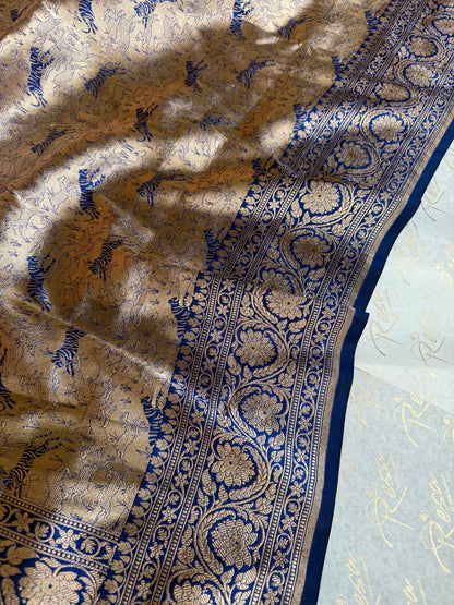 Handwoven Blue Brocade Shikargah Banarasi Saree