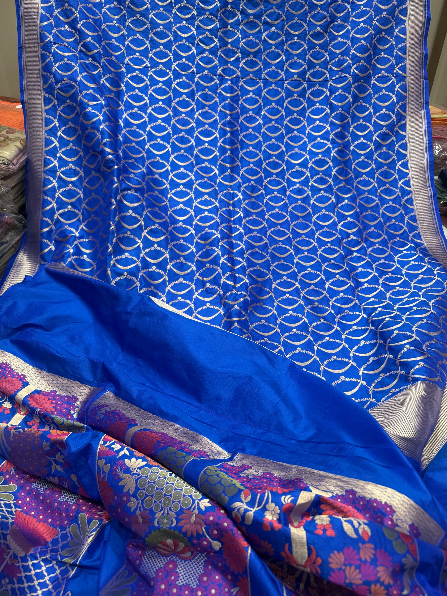 Handwoven Blue Katan Silk Unstitched Lehenga Kalis Set