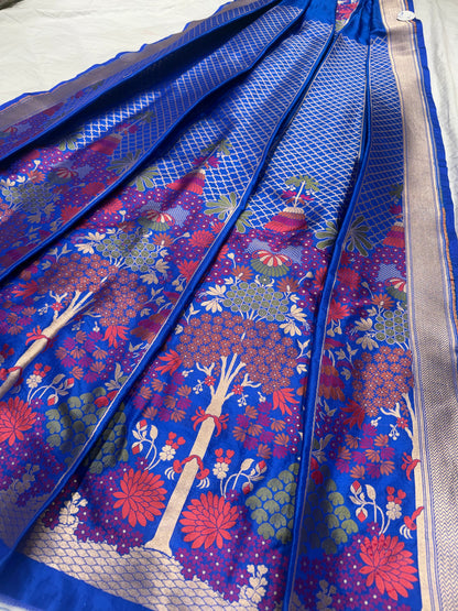 Handwoven Blue Katan Silk Unstitched Lehenga Kalis Set