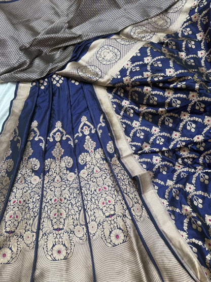 Handwoven Silk Navy Blue Meenakari Lehenga Set