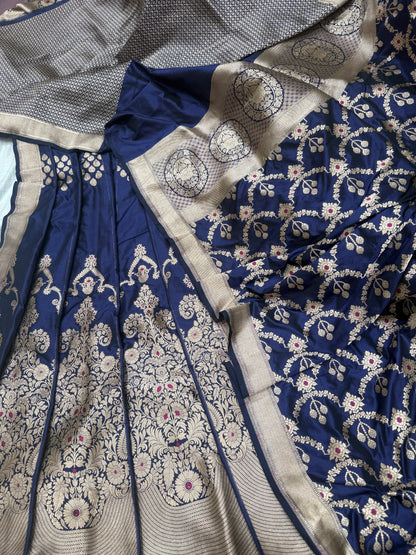Handwoven Silk Navy Blue Meenakari Lehenga Set
