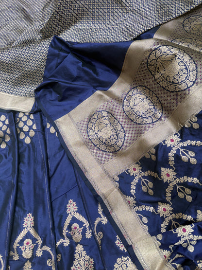 Handwoven Silk Navy Blue Meenakari Lehenga Set