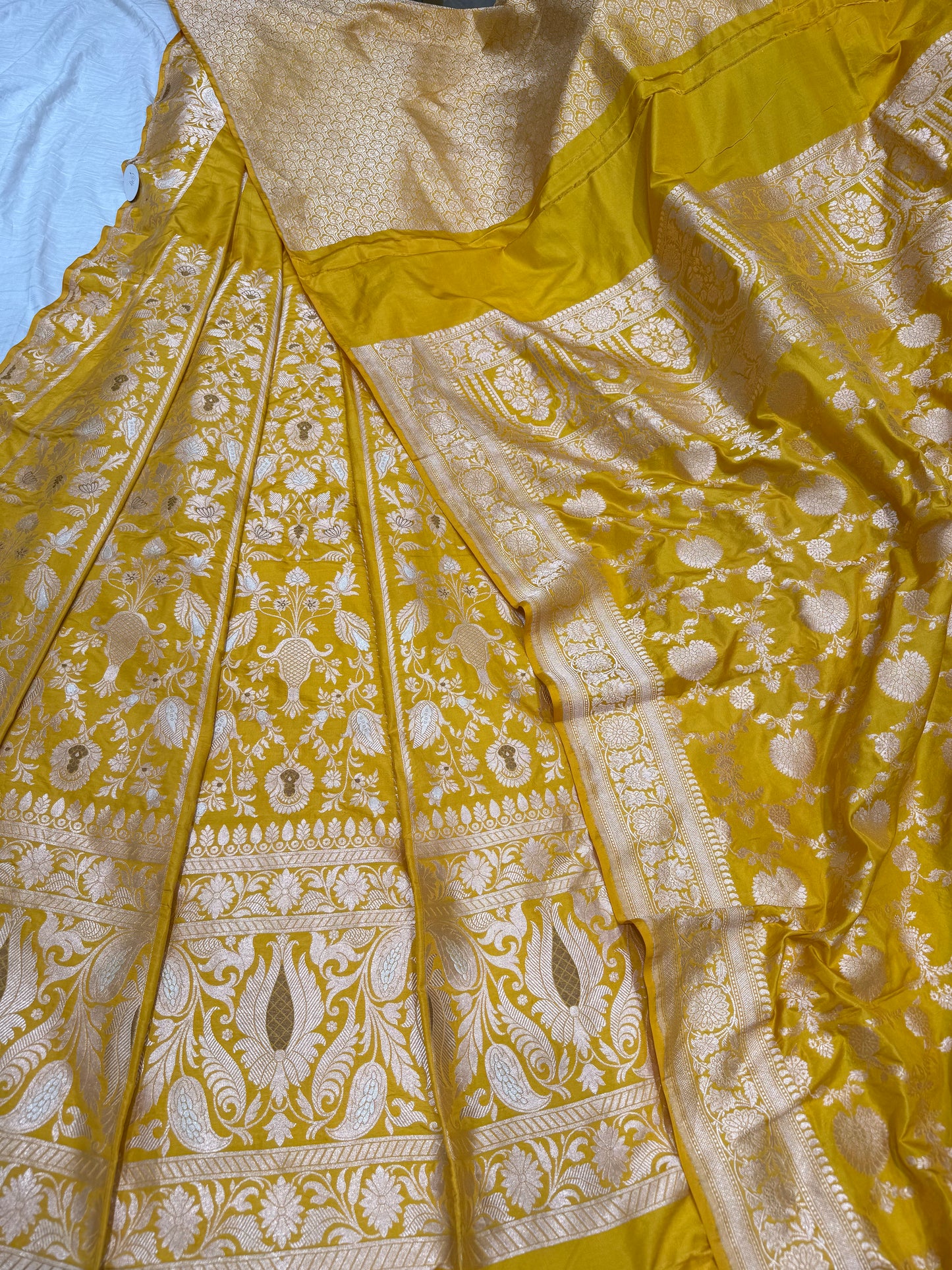 Handwoven Yellow Silk Unstitched Banarasi Lehenga Kalis Set