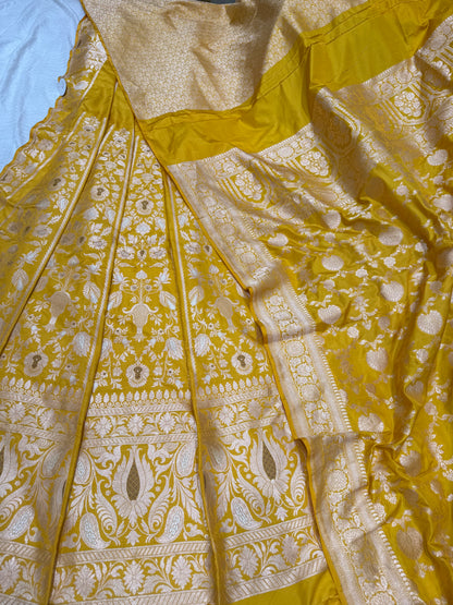 Handwoven Yellow Silk Unstitched Banarasi Lehenga Kalis Set