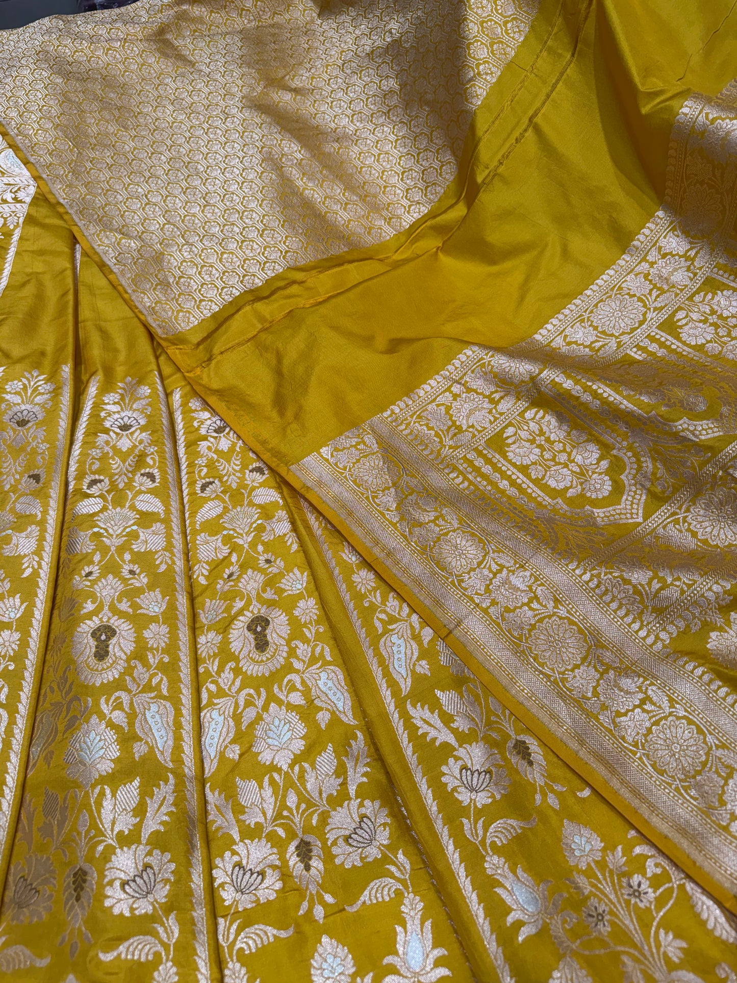 Handwoven Yellow Silk Unstitched Banarasi Lehenga Kalis Set
