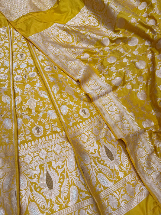 Handwoven Yellow Silk Unstitched Banarasi Lehenga Kalis Set