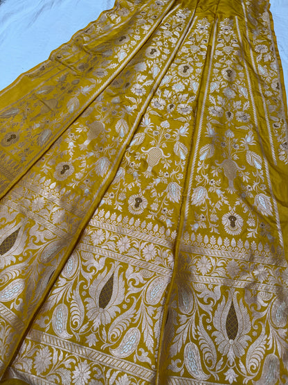 Handwoven Yellow Silk Unstitched Banarasi Lehenga Kalis Set