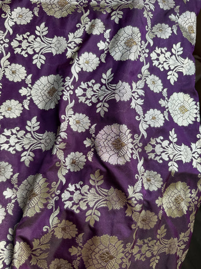 VastraHandwoven Purple Silk Brocade Floral Thaan