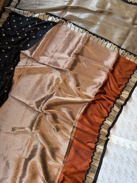 Handwoven Orange & Black Silk Contemporary Banarasi Saree