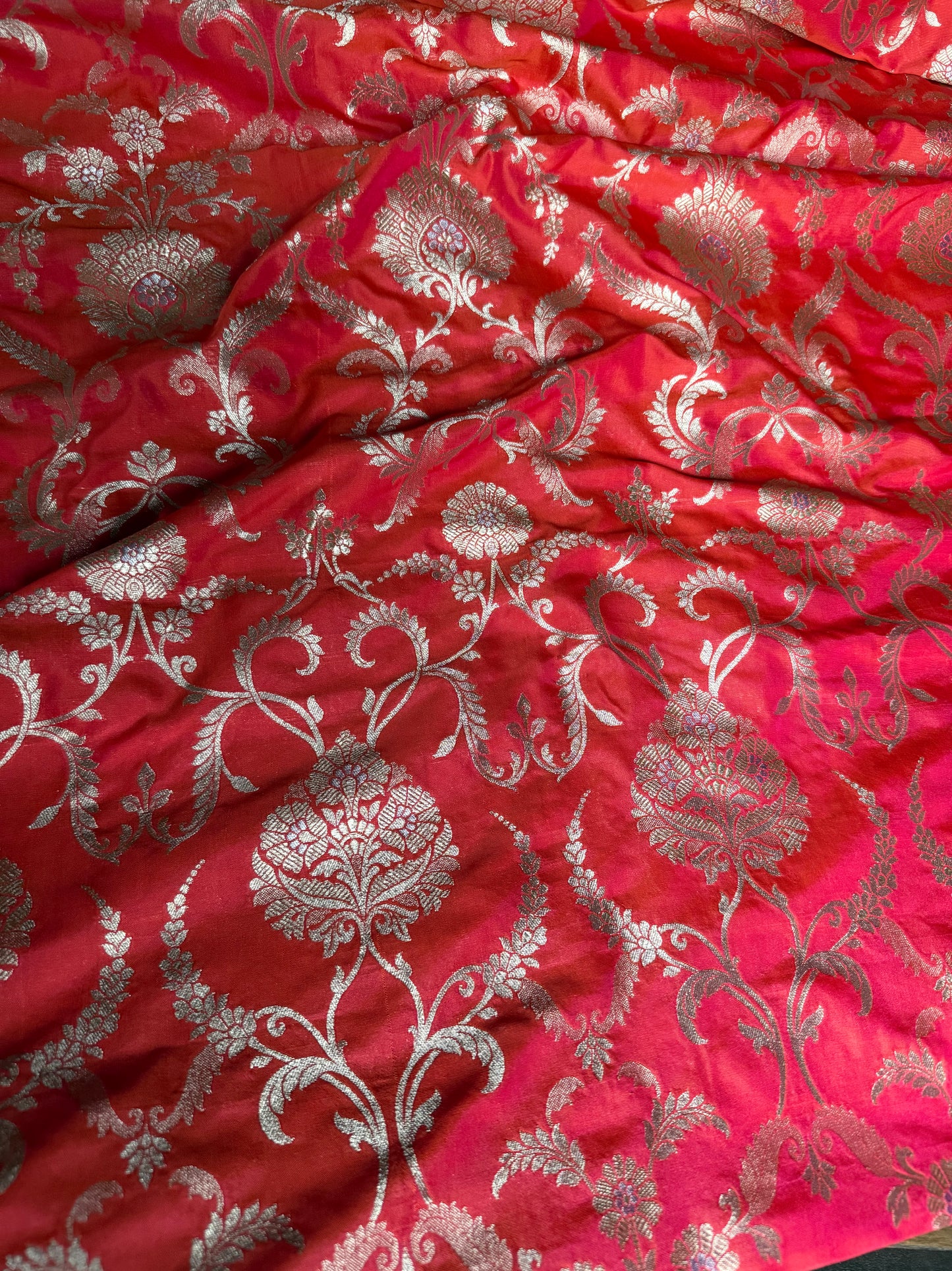 Handwoven Crimson Pink Jaal Silk Thaan