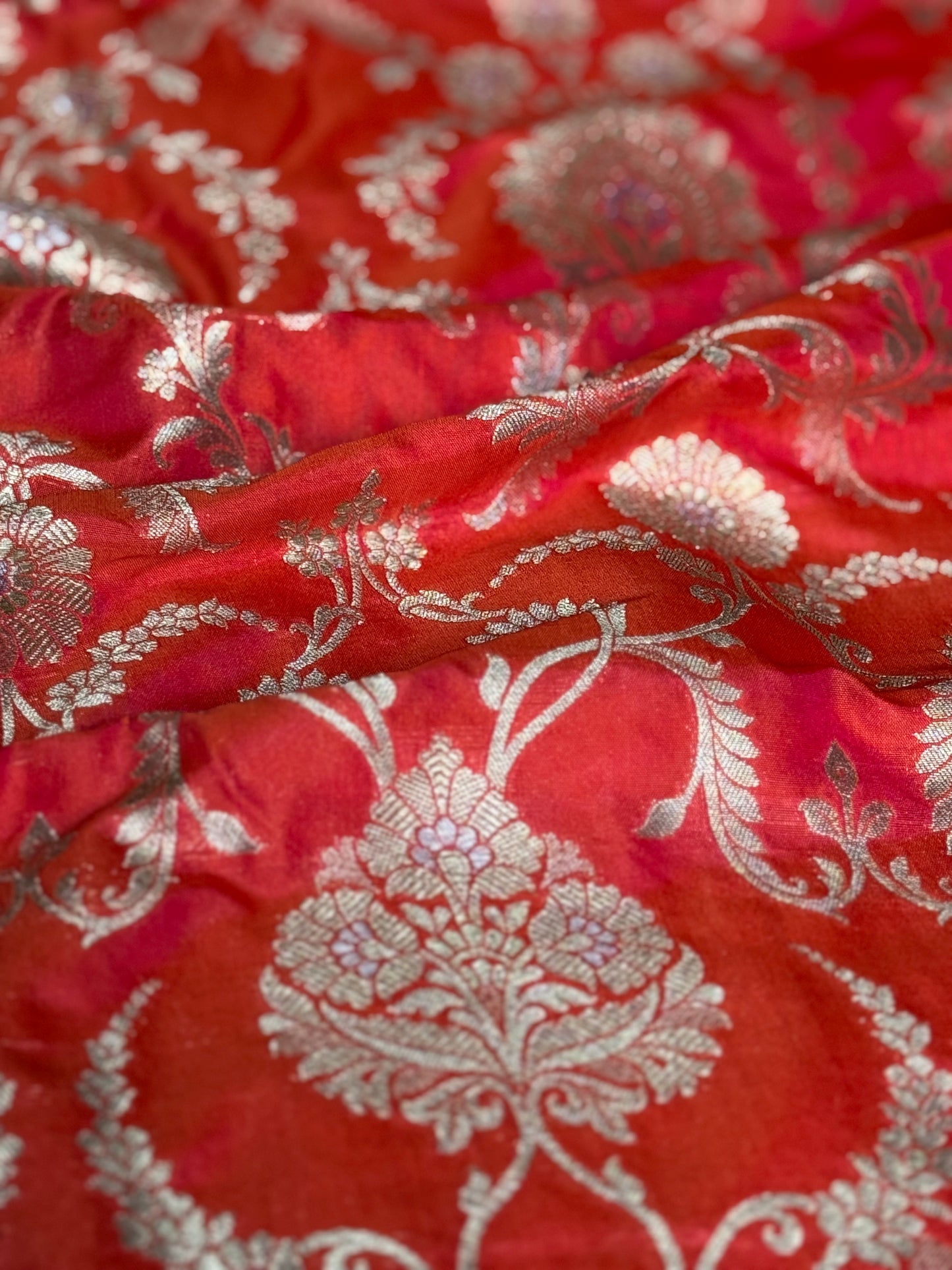 Handwoven Crimson Pink Jaal Silk Thaan