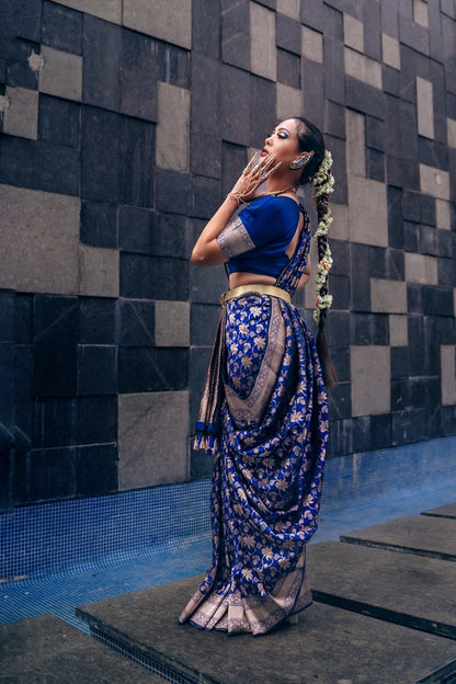 Handwoven Katan Silk Persian Blue Floral Jaal Banarasi Saree