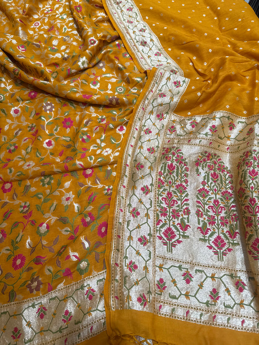 Handwoven Monga Silk Mustard Meenakari Paithani Suit Set