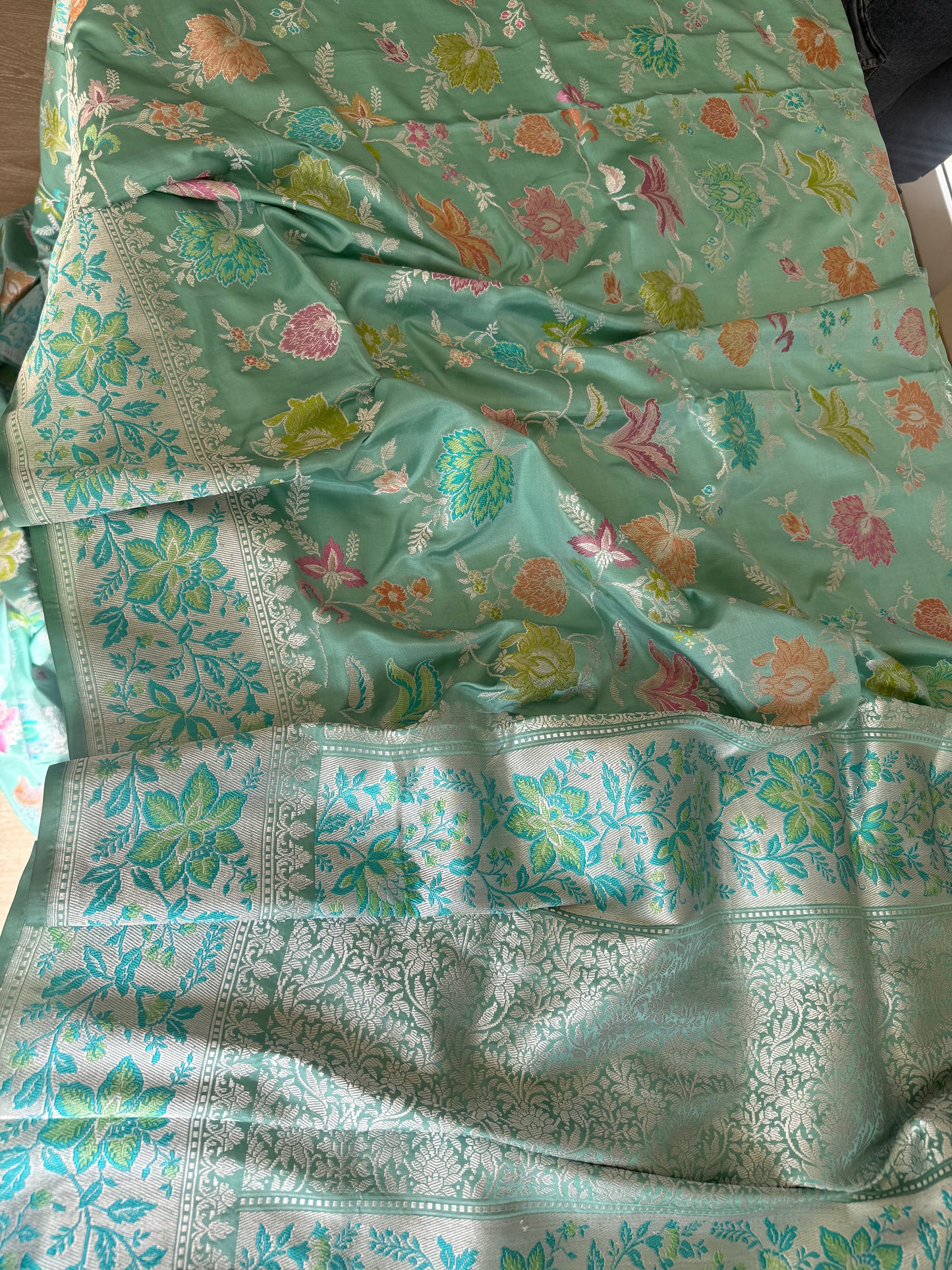 Handwoven Aqua Silver Zari Kadhwa Jaal Saree with Resham Border
