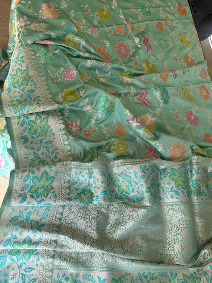 Handwoven Aqua Silver Zari Kadhwa Jaal Saree with Resham Border
