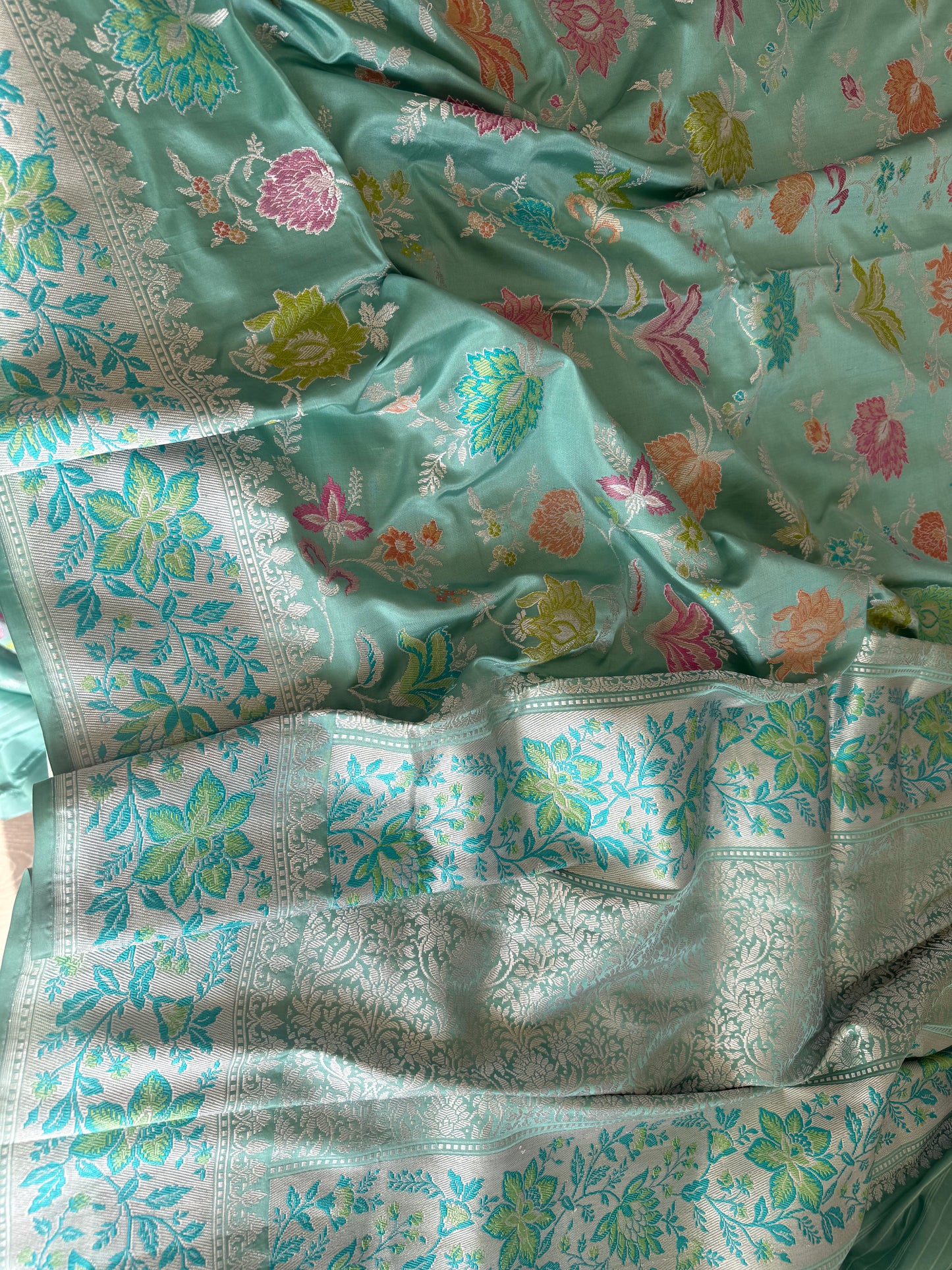 Handwoven Aqua Silver Zari Kadhwa Jaal Saree with Resham Border